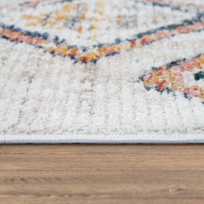 Boho Rug Cream Colorful Ethnic Diamond Pattern Ripped Design