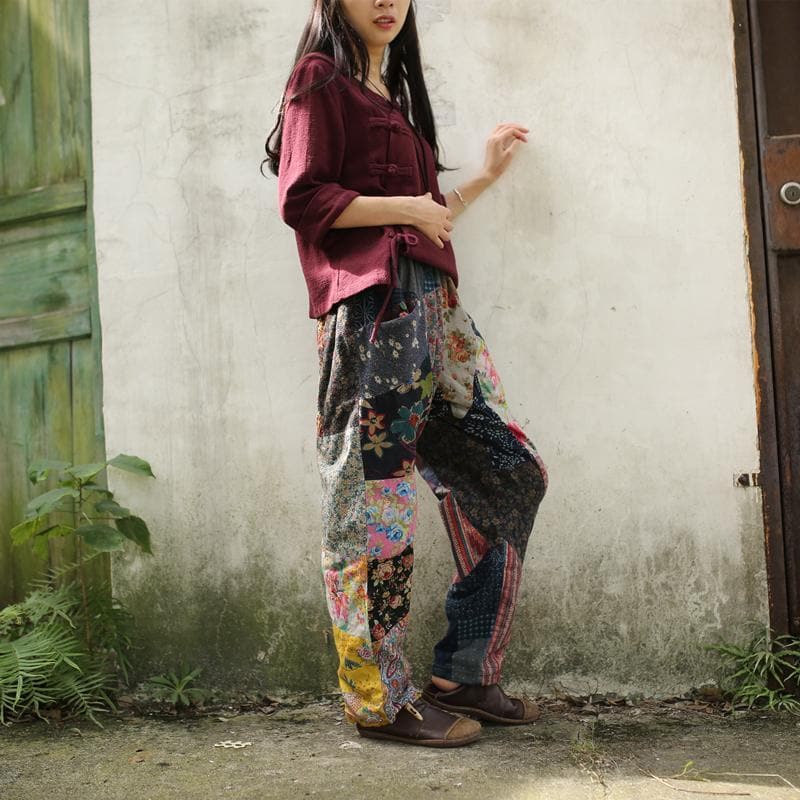 Floral Patchwork Linen Hippie Pants