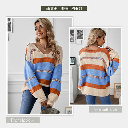 Womens Loose V Neck Sweater Oversized Ladies Color Block Knitted Tops Lantern Sleeve Pullover Shirts M 8-10