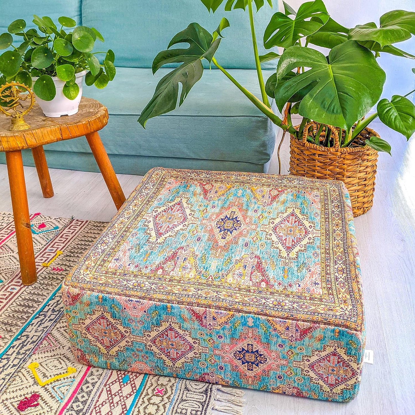Boho Chic Outdoor Floor Cushion Cover - 24X8 Inches - Square Pillow Case for Garden Party, Pool, Balcony, Patio and More