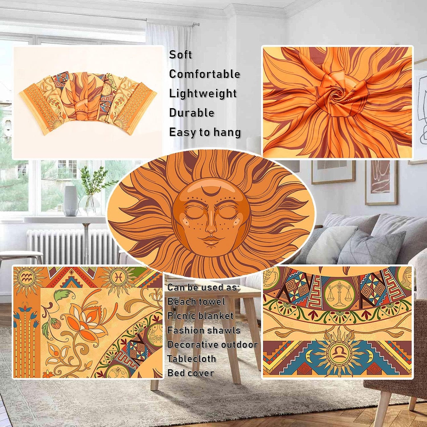 Hippie Tapestry Burning the Sun Tapestry Hippie, Zodiac Tapestries Astrology Tapestry for Bedroom Aesthetic, Flower Tapestry Wall Hanging,Orange Zodiac Sign Tapestry Flowers Vintage Tapestry