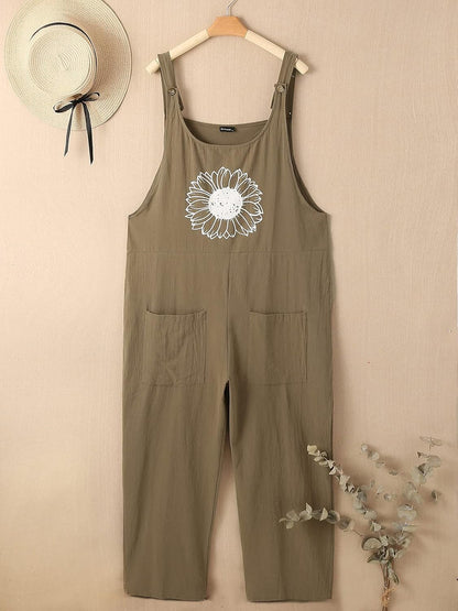 Women'S Casual Loose Jumpsuits Button Strap Sunflower Print Bib Overall with Pockets 04-Khaki X-Large