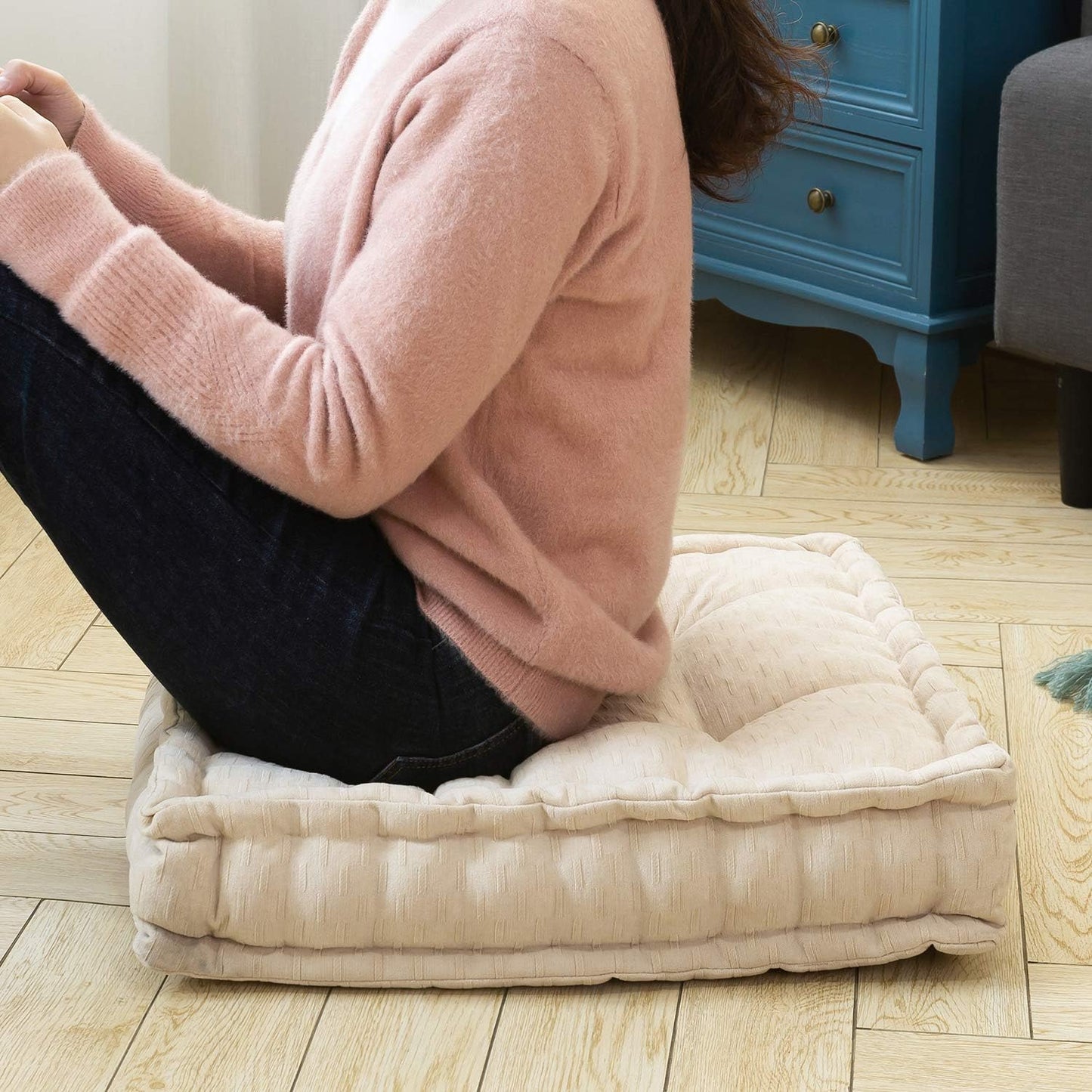 Floor Cushion Pouf, Square Floor Pillow Seating Chenille Meditation Cushion, Thick Tufted Pillows for Living Room Yoga Bedroom Sofa, Beige, 20"X20"X5.5"