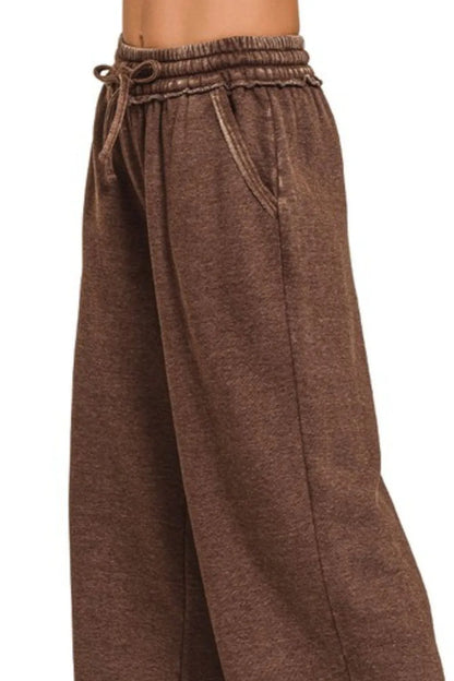 Acid Wash Fleece Palazzo Sweatpants with Pockets