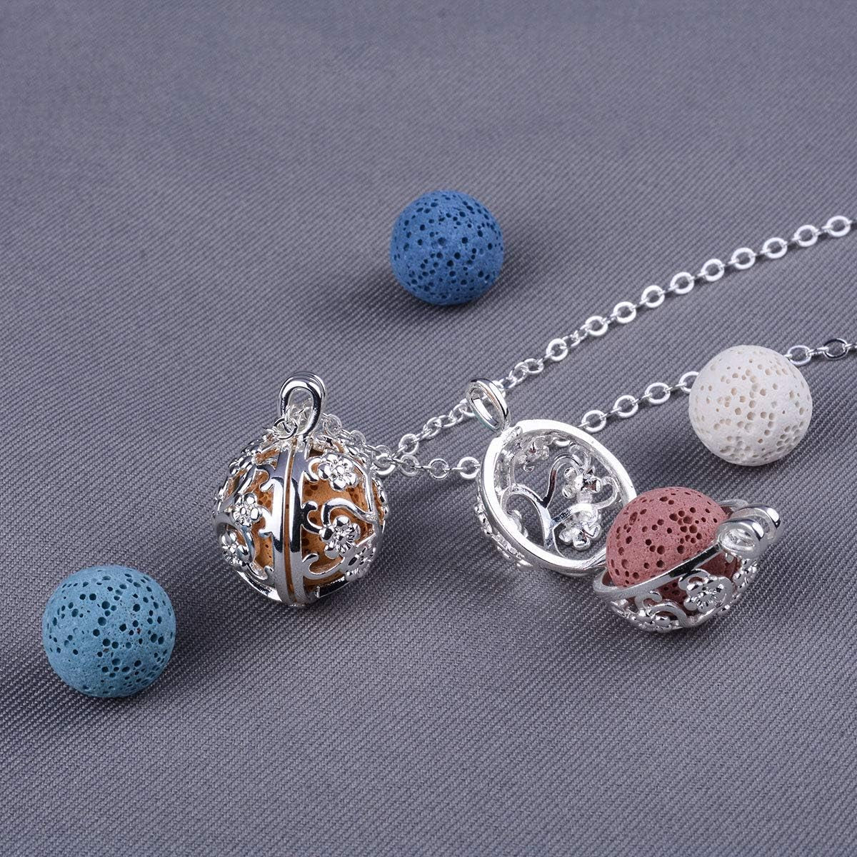 Sakura Tree Aromatherapy Necklace, Essential Oils Diffuser Locket Pendant with 7 PCS Lava Rock Stones and 24" Link Chain