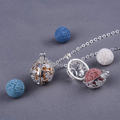 Sakura Tree Aromatherapy Necklace, Essential Oils Diffuser Locket Pendant with 7 PCS Lava Rock Stones and 24" Link Chain