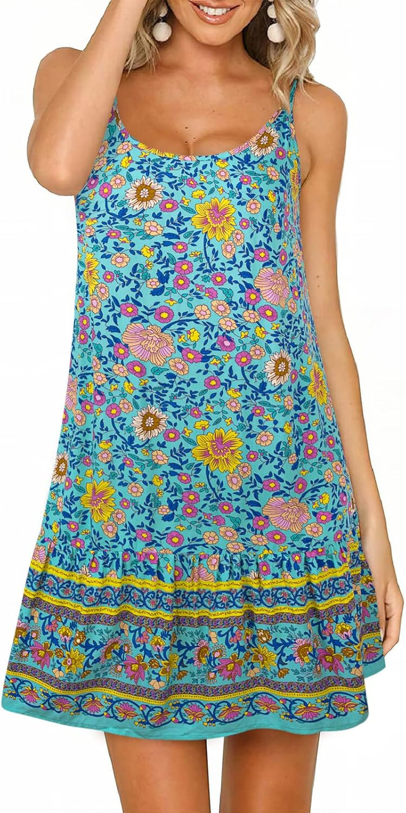Women'S Dresses Summer Casual Floral Printed Spaghetti Strap Sun Dress Boho Beach Swing Mini Dresses Sleeveless Beach Coverup for Women Sundresses for Women S-XL Green