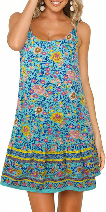 Women'S Dresses Summer Casual Floral Printed Spaghetti Strap Sun Dress Boho Beach Swing Mini Dresses Sleeveless Beach Coverup for Women Sundresses for Women S-XL Green