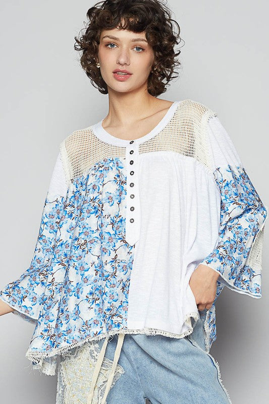 POL Clothing Washed Floral Print Crochet Detail Top