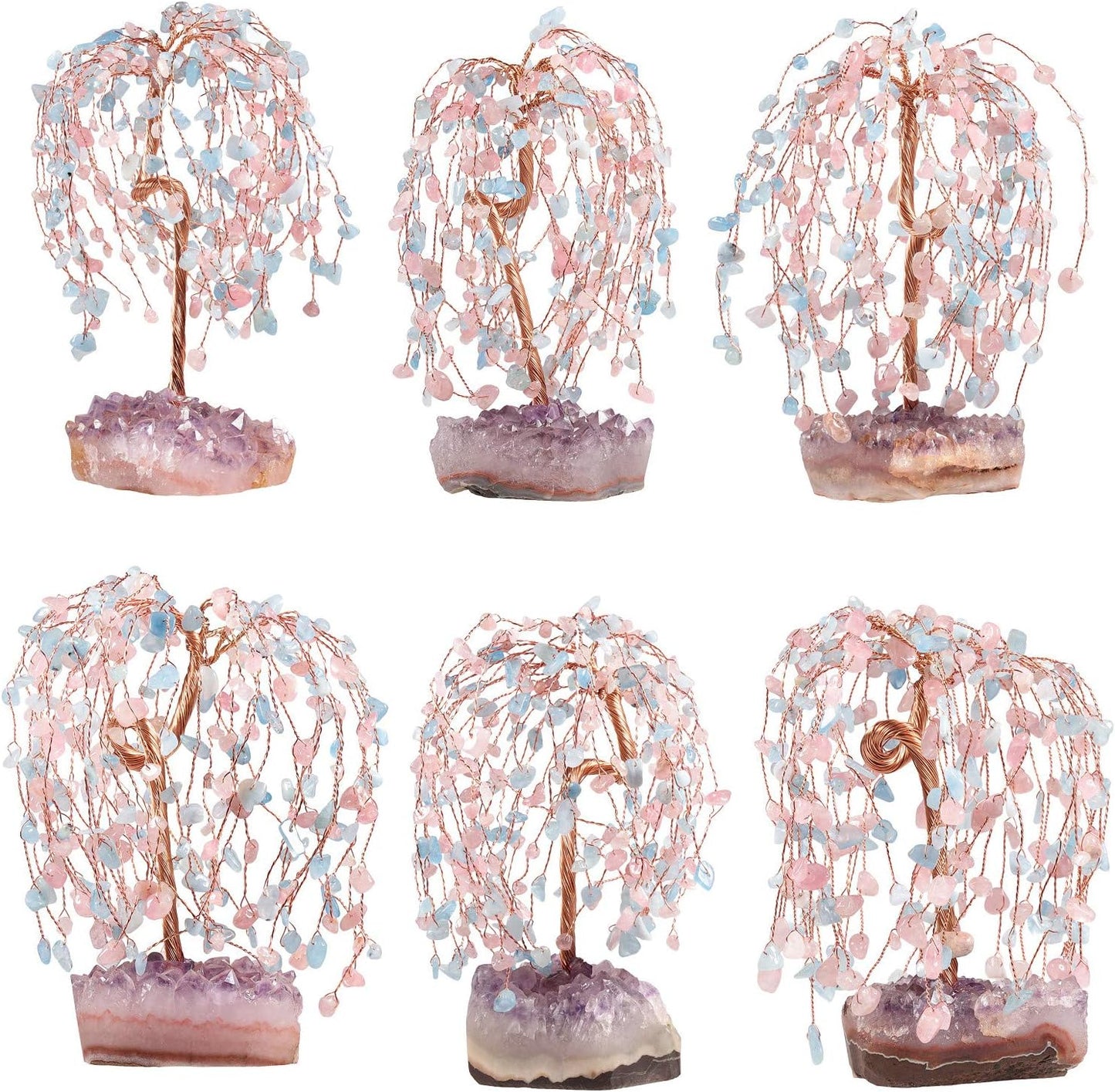 Natural Rose Quartz & Aquamarine Crystal Tree with Amethyst Cluster Crystal Base, Feng Shui Bonsai Money Tree Figurine for Home Office Desktop Decoration 5.5-6.7 Inch High