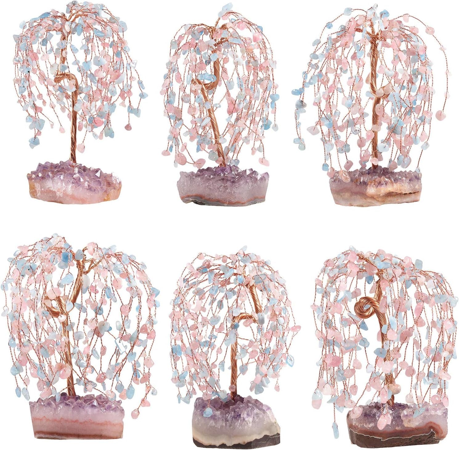 Natural Rose Quartz & Aquamarine Crystal Tree with Amethyst Cluster Crystal Base, Feng Shui Bonsai Money Tree Figurine for Home Office Desktop Decoration 5.5-6.7 Inch High