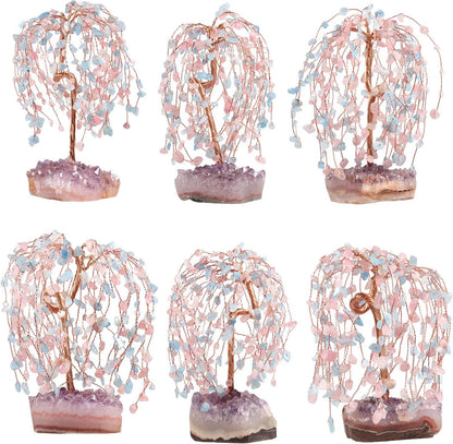 Natural Rose Quartz & Aquamarine Crystal Tree with Amethyst Cluster Crystal Base, Feng Shui Bonsai Money Tree Figurine for Home Office Desktop Decoration 5.5-6.7 Inch High