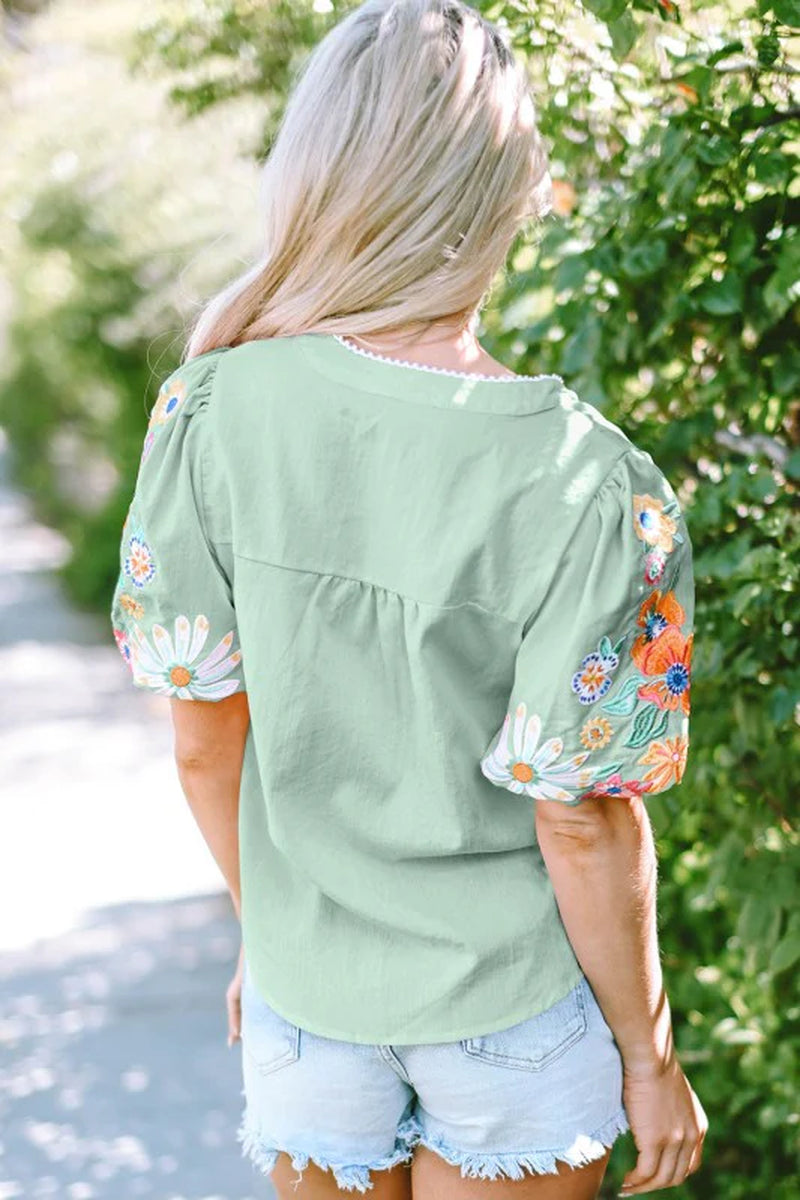 Reya Floral Embroidered Puff Sleeve Split Neck Blo
