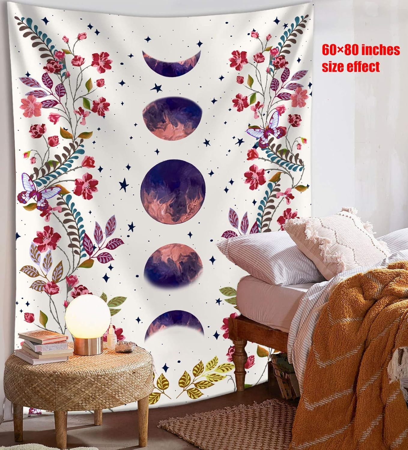Moonlit Garden Tapestry, Moon Phase Surrounded by Vines and Flowers White Wall Decor Tapestry 44×60 Inches
