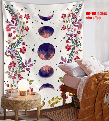 Moonlit Garden Tapestry, Moon Phase Surrounded by Vines and Flowers White Wall Decor Tapestry 44×60 Inches