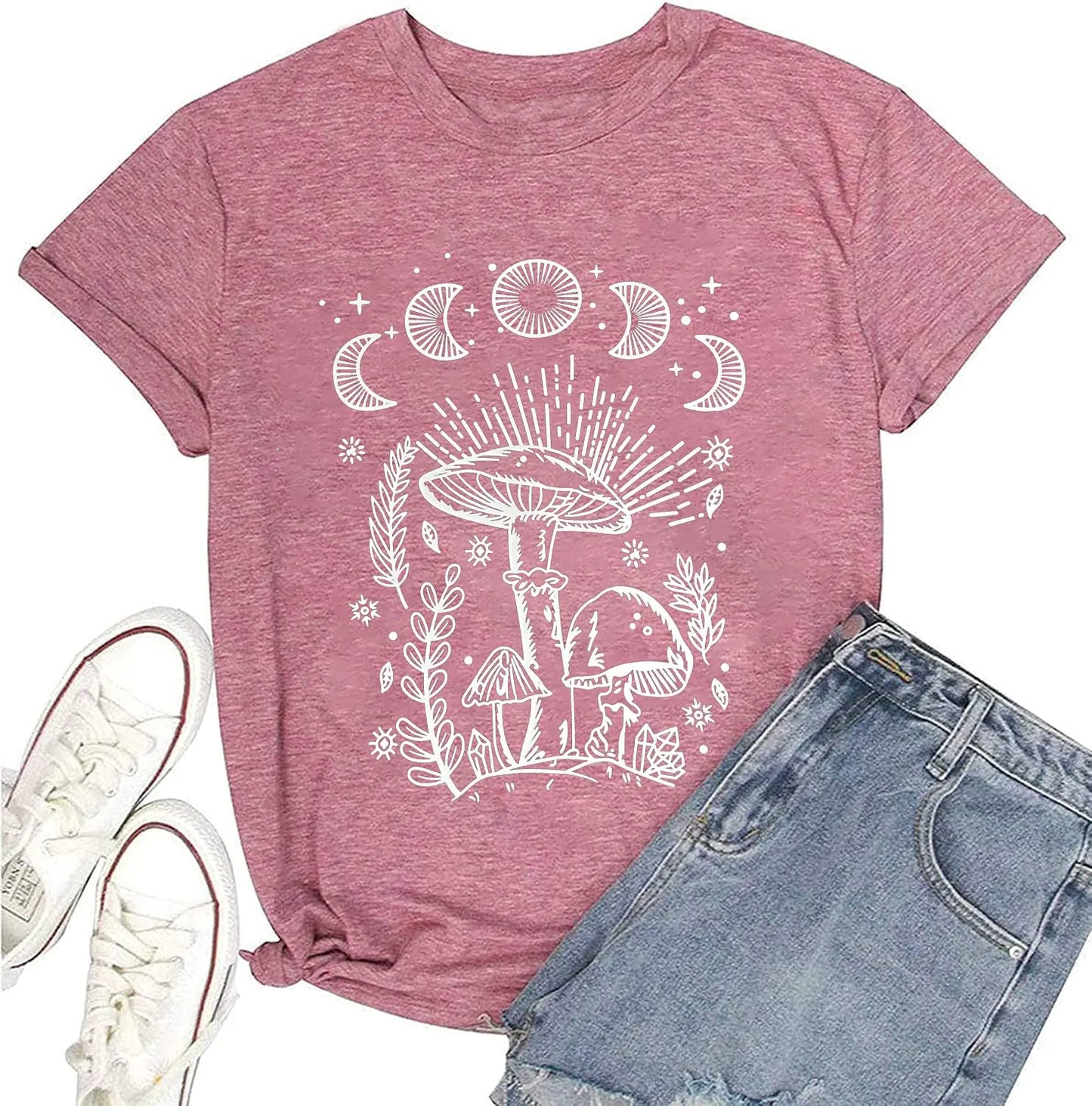 Women Mushroom Shirts Moon Graphic Tees Floral Flowers Printed Aesthetic Hiking Adventure Nature Short Sleeve Shirts Pink-XXL