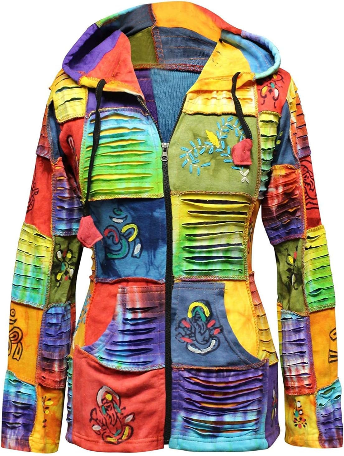Slashed Patchwork Hippie Hoodie Jacket for Women, Tie Dye Lightweight Long Zip up Sweater Cardigan