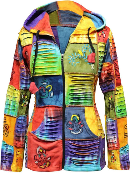 Slashed Patchwork Hippie Hoodie Jacket for Women, Tie Dye Lightweight Long Zip up Sweater Cardigan