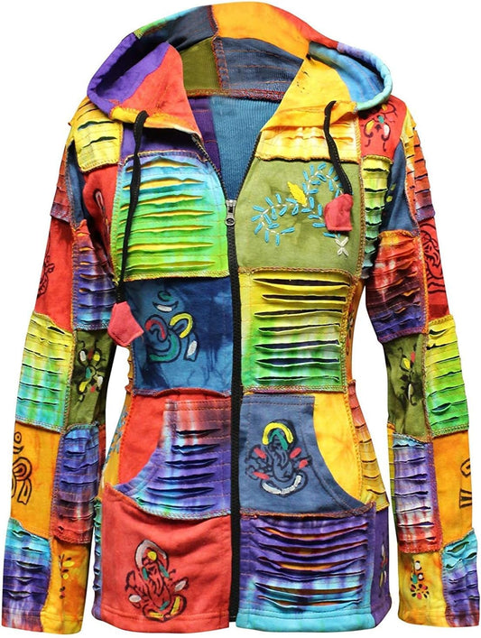 Slashed Patchwork Hippie Hoodie Jacket for Women, Tie Dye Lightweight Long Zip up Sweater Cardigan