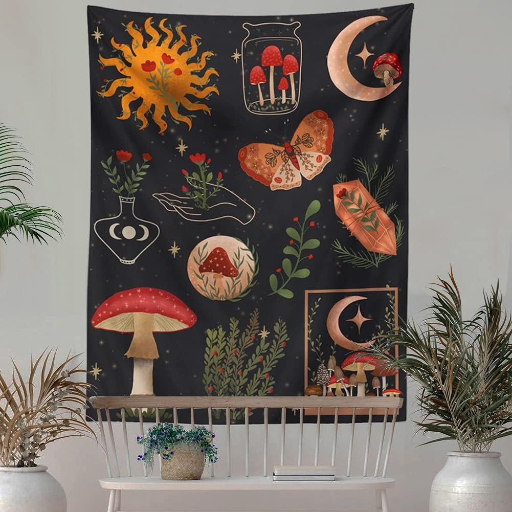 Botanical Mushroom Tapestry Wall Hanging Floral Sun Moon Starry Chart Wall Tapestry Bohemian Tapestries for Badroom Home Decor (51X59Inch)