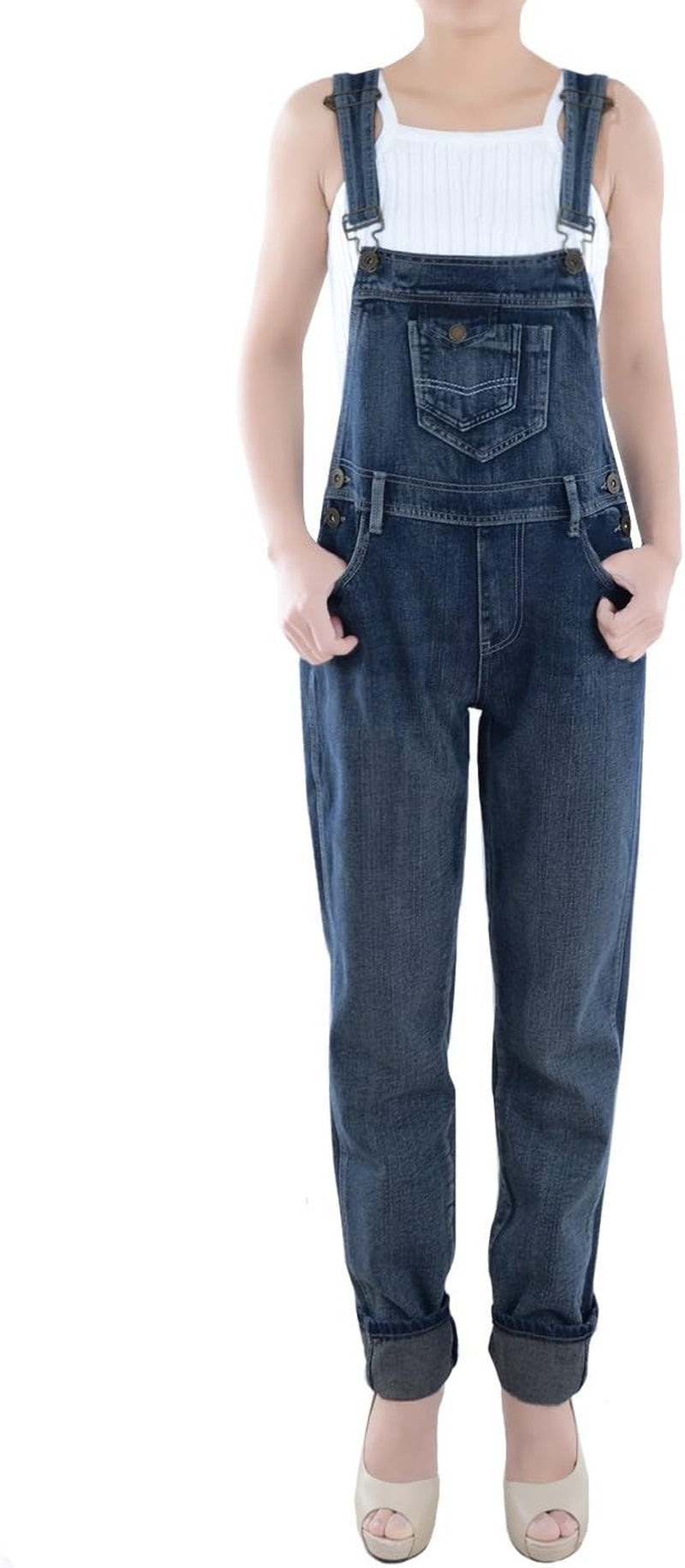 Womens Vintage Wash Straight Leg Denim Overalls with Pocket Bib