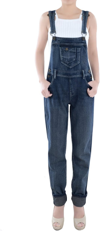 Womens Vintage Wash Straight Leg Denim Overalls with Pocket Bib