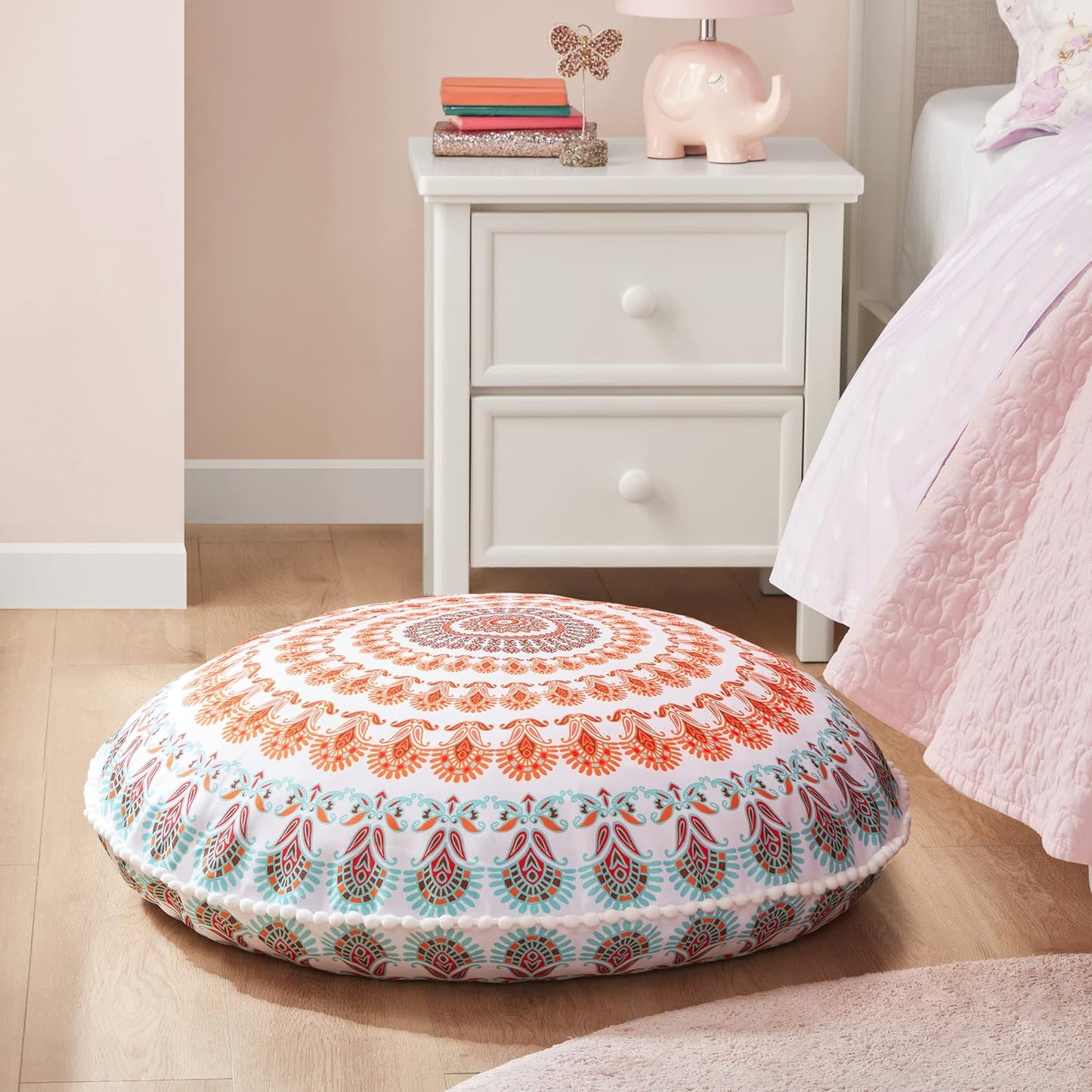 Boho Large round Floor Pillow, Oversized Mandala Meditation Pillows for Adults, Cozy Big Seating Cushion for Kids Teepee Reading Nook Playroom, Insert with Cover, Coral, 32 Inch Diameter