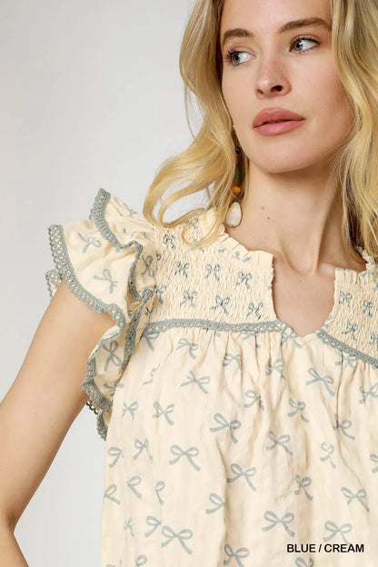 Bow Print Ruffled Cap Sleeve Mini Dress