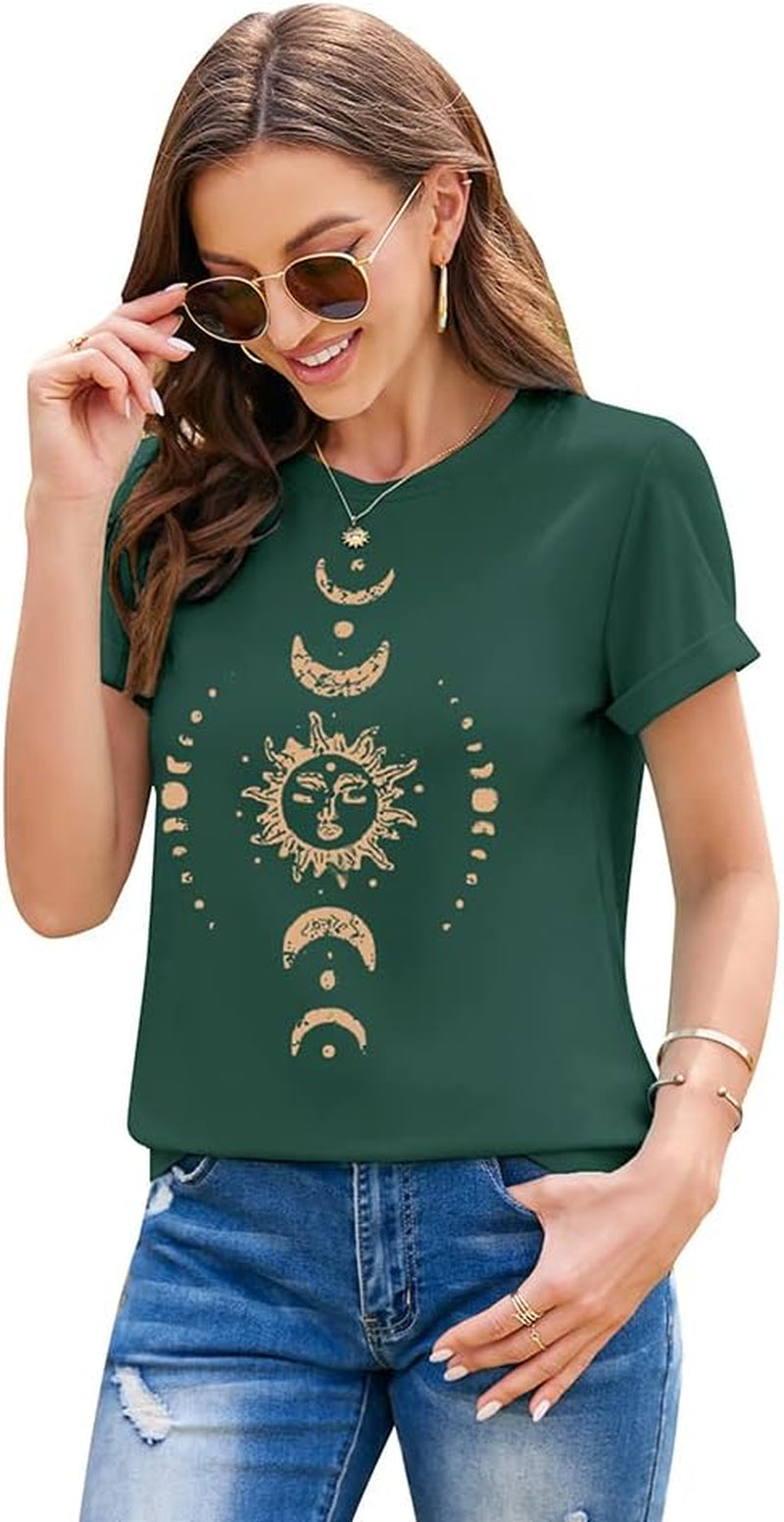 Women'S Graphic Tees Sun and Moon Printed T Shirts Summer Vintage round Neck Short Sleeve Tops Dark Green