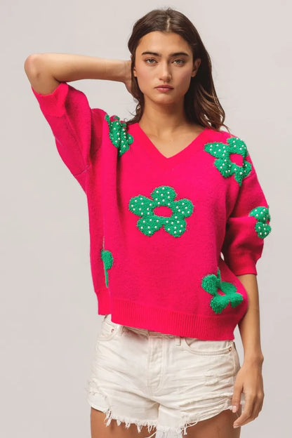 Pearl Beads Flowers Sweater Top