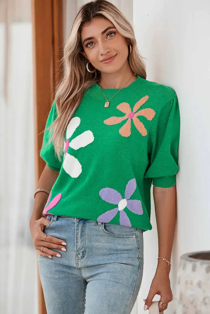 Bright Green 60s Floral Bubble Short Sleeve Knitted Top