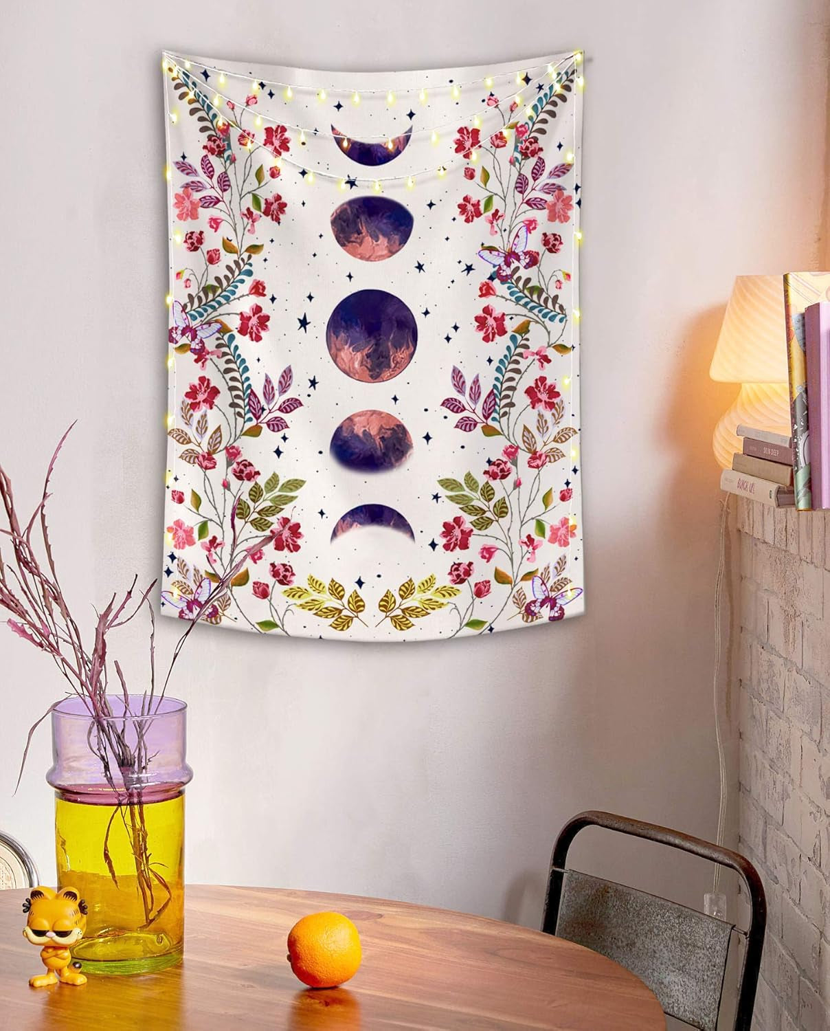 Moonlit Garden Tapestry, Moon Phase Surrounded by Vines and Flowers White Wall Decor Tapestry 44×60 Inches