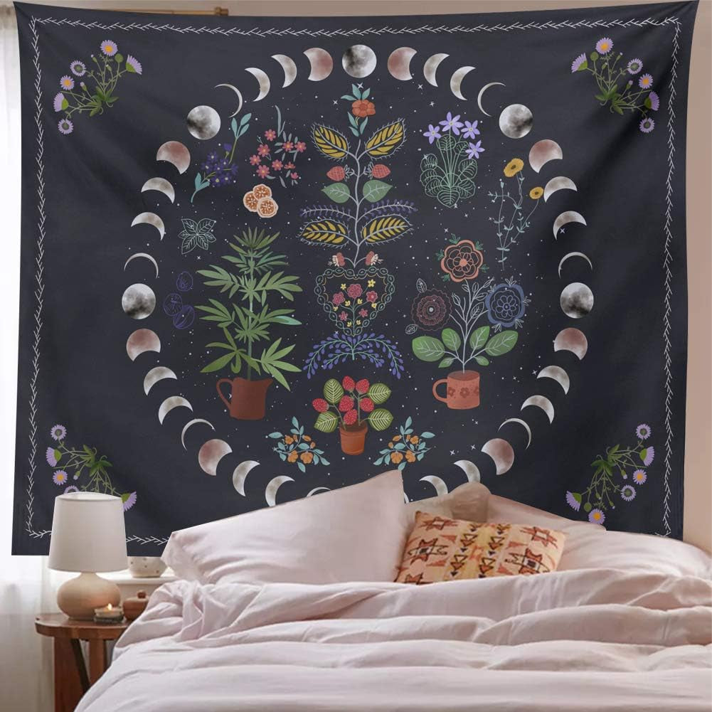 Botanical Moon Phase Wall Hanging - Floral Plants Boho Mandala Wall Tapestry for Bedroom Aesthetic Home Dorm