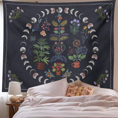 Botanical Moon Phase Wall Hanging - Floral Plants Boho Mandala Wall Tapestry for Bedroom Aesthetic Home Dorm