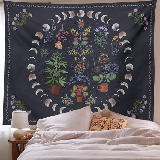 Botanical Moon Phase Wall Hanging - Floral Plants Boho Mandala Wall Tapestry for Bedroom Aesthetic Home Dorm