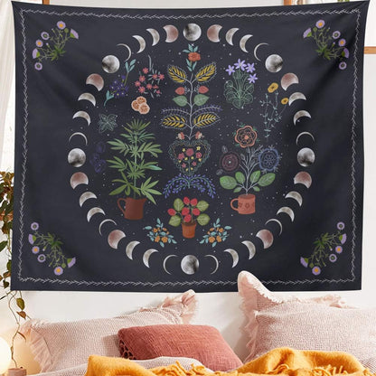 Botanical Moon Phase Wall Hanging - Floral Plants Boho Mandala Wall Tapestry for Bedroom Aesthetic Home Dorm
