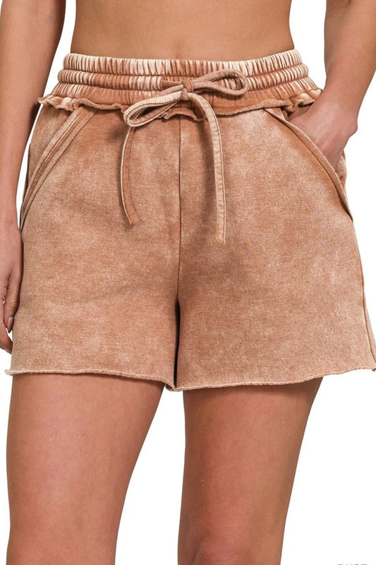 Acid Wash Fleece Drawstring Shorts With Pockets