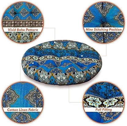 Boho Floor Pillow, Bohemian Patchwork Style Meditation Pillow round Seat Cushion Yoga Cushion India Seating Pad for Living Room Bedroom Balcony Garden, 22 Inch, Blue