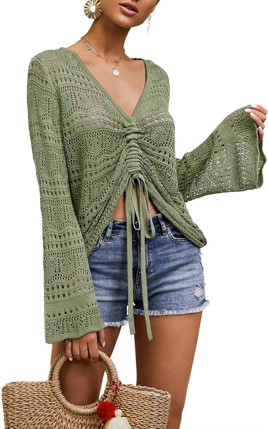 Womens Boho off Shoulder Sheer Crop Tops Bell Sleeve Flowy Oversized Crochet Ruched Pullover Sweaters