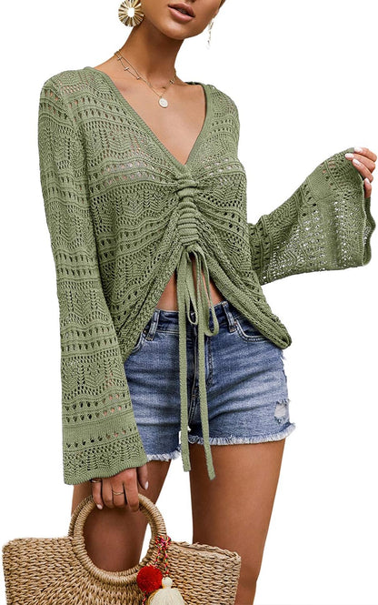 Womens Boho off Shoulder Sheer Crop Tops Bell Sleeve Flowy Oversized Crochet Ruched Pullover Sweaters