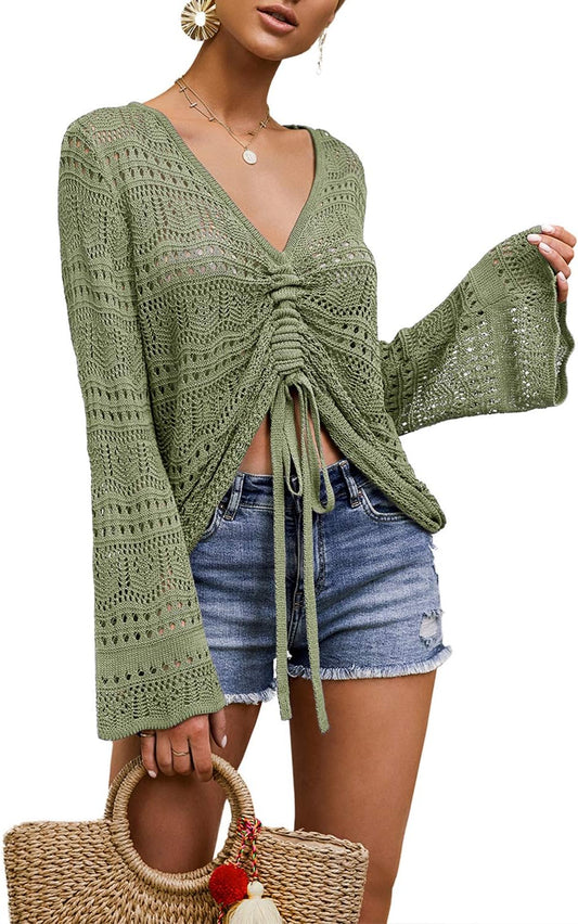 Womens Boho off Shoulder Sheer Crop Tops Bell Sleeve Flowy Oversized Crochet Ruched Pullover Sweaters