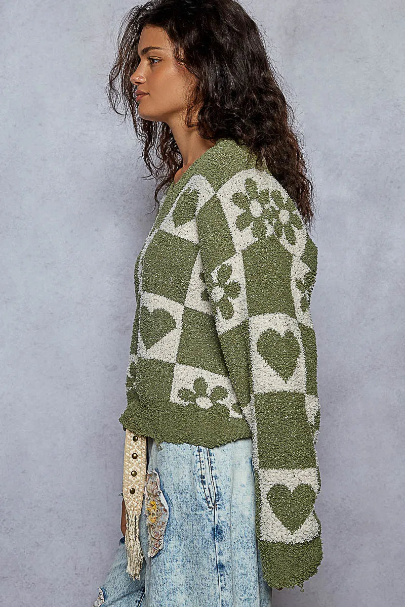 POL V-Neck Heart Pattern Checkered Sweater