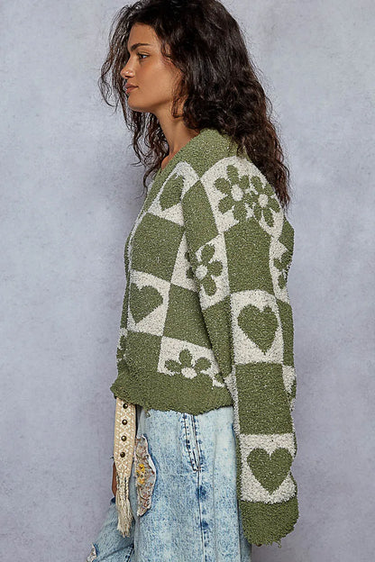 POL V-Neck Heart Pattern Checkered Sweater