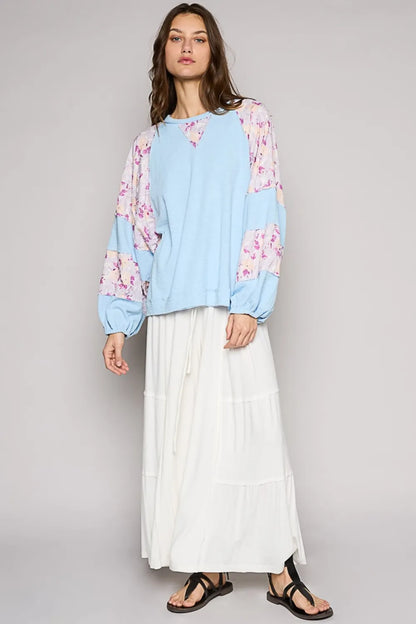 POL Clothing Round Neck Balloon Floral Long Sleeve Womens Top