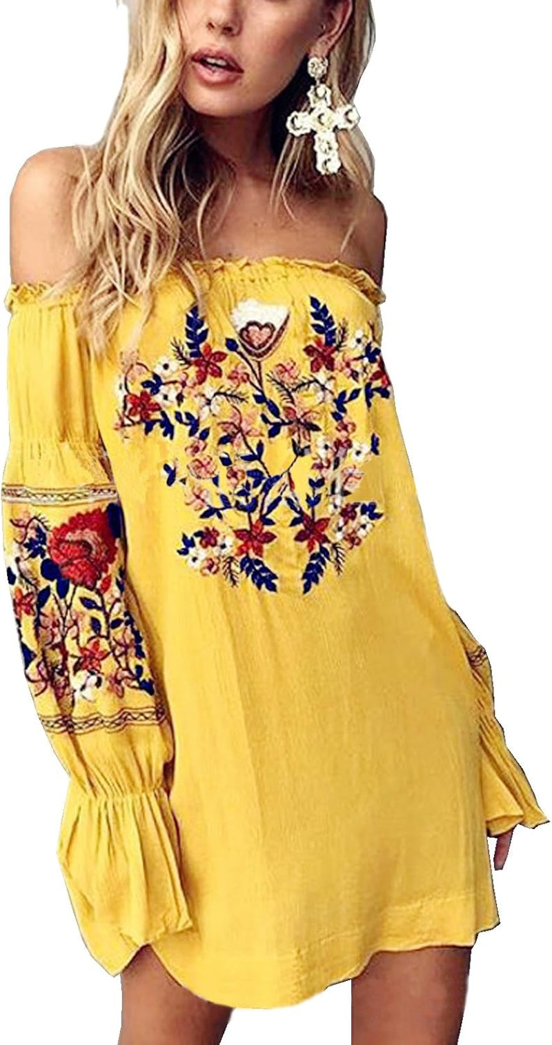 Womens Floral Embroidered off Shoulder Long Sleeve Short Dresses