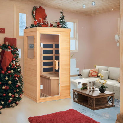 Single Infrared Full Spectrum Sauna, Indoor Wooden Dry Sauna, with 4 Heater Panels, Bluetooth and Tempered Glass