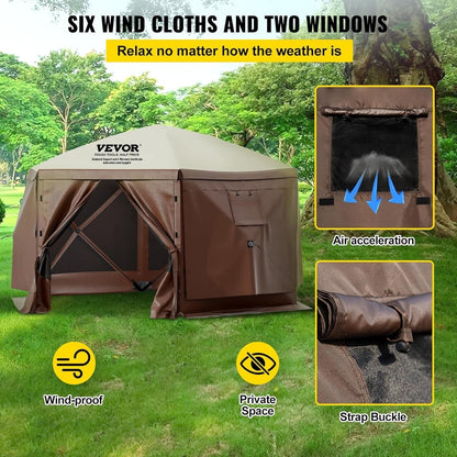 Camping Gazebo Screen Tent, 12 * 12Ft, 6 Sided Pop-Up Canopy Shelter