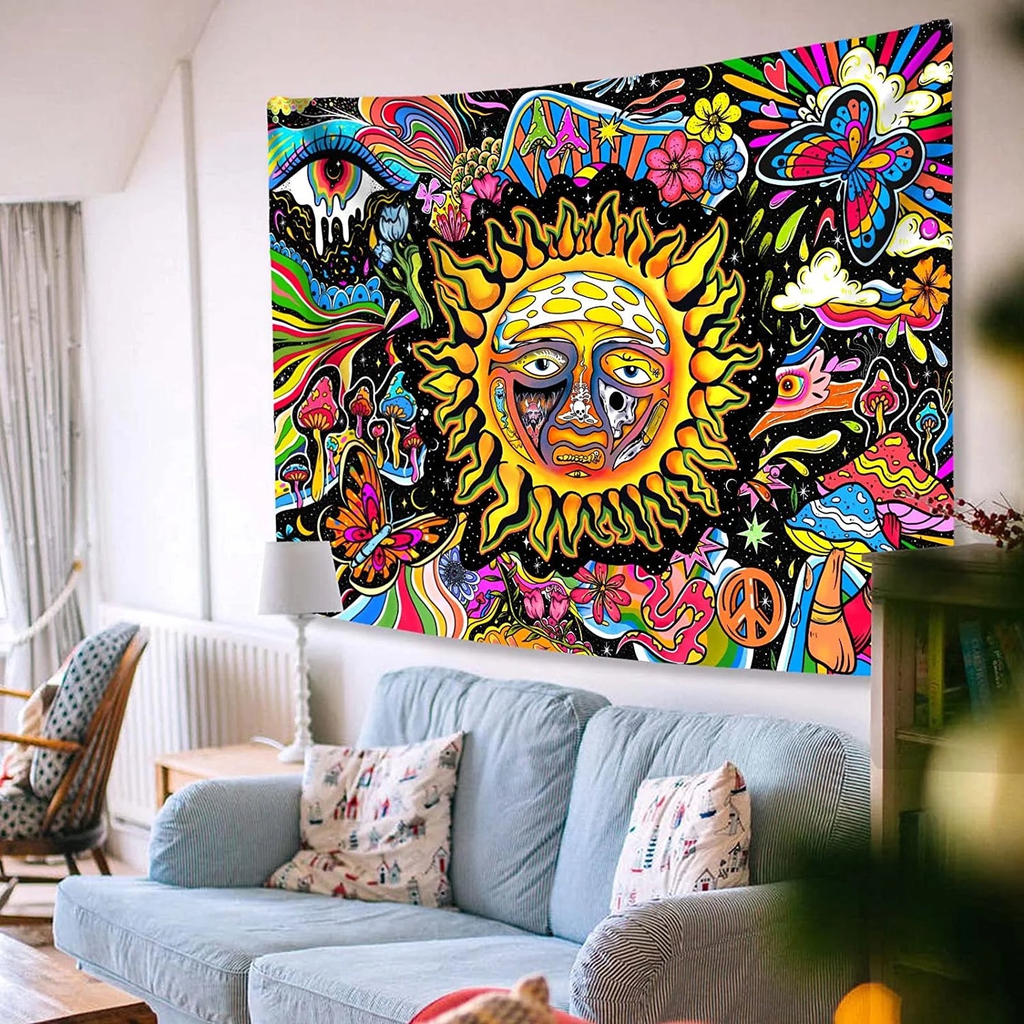Trippy Tapestry Sun Tapestry Hippie Mushroom Tapestry Colorful Wall Tapestry for Bedroom Aesthetic Cute Tapestries Wall Hanging for Bedroom,91"X71"