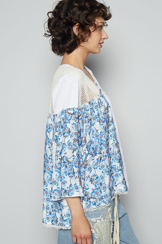 POL Clothing Washed Floral Print Crochet Detail Top