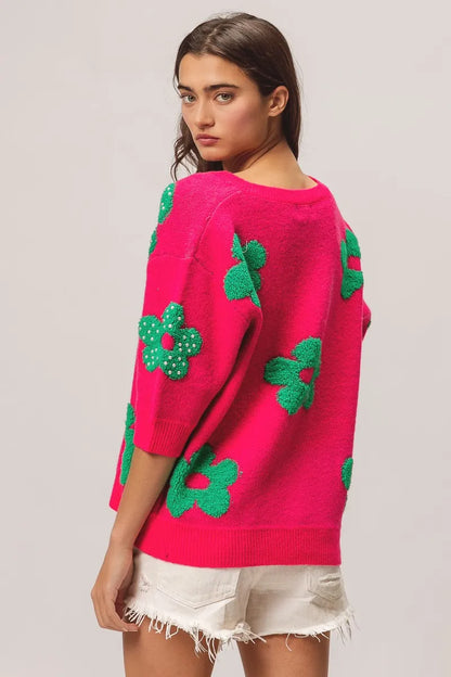 Pearl Beads Flowers Sweater Top